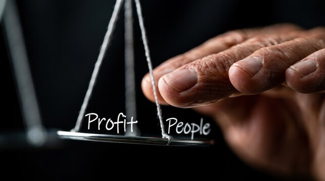A hand holding a scale with the words Profit and People written on each side, representing balance and ethical business decisions