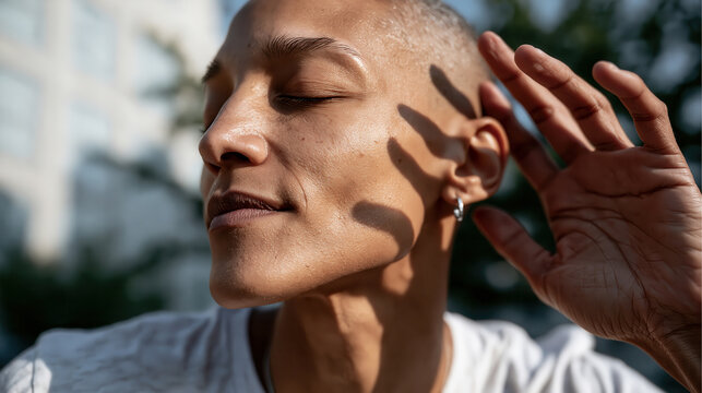 Androgynous person with a buzz cut finding inner peace and practicing mindfulness in an urban setting