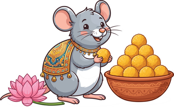 Cute Lord Ganesha Mouse Mushak Vector Illustration with Bowl of Laddu Sweets and Pink Lotus Flower for Ganesh Chaturthi Festival Designs