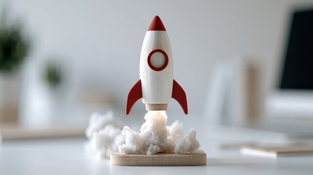 A rocket model launching with smoke and flames on a white desk. The rocket is white with red fins and a red tip, symbolizing innovation and progress