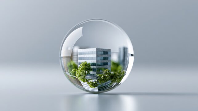 A glass sphere reflecting a modern building surrounded by green trees and foliage, set against a neutral backdrop