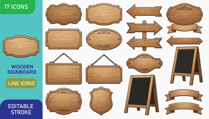 Collection of wooden signboards and chalkboard stands for rustic cafe and shop advertising © Sumon