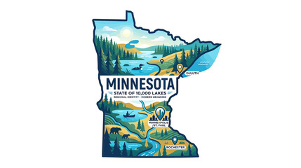 Minnesota Map Illustration: State of 10,000 Lakes Landscape Art © wowo