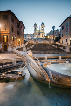 The Barcaccia fountain and Spanish Steps at dawn, Rome, Italy