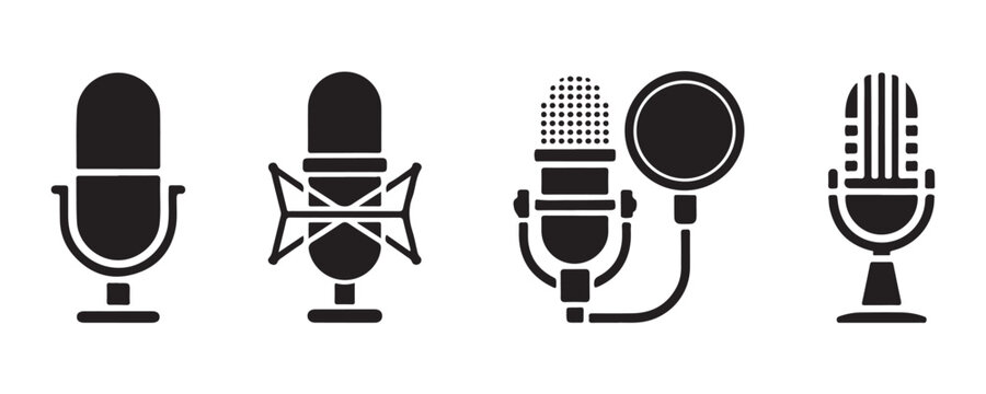 Set of black recording microphone icons for studio audio production podcasting and live broadcasting.
