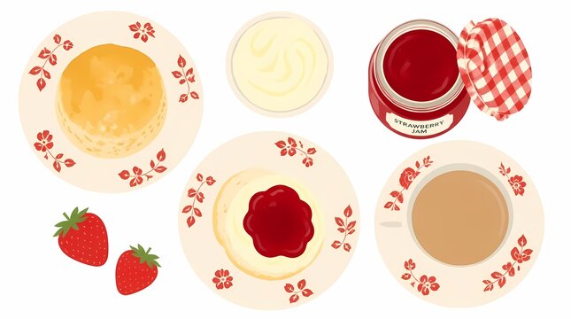 English Cream Tea flat lay illustration. Includes scones, clotted cream, strawberry jam, and hot tea. Perfect for traditional afternoon snacks and leisure.