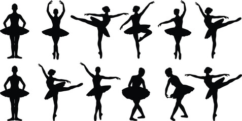 Collection of elegant female ballet dancer silhouettes in classic poses wearing tutus on white background © urmilarani