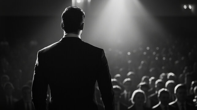 Man in Suit on Stage Addressing Audience Under Spotlight, Black and White