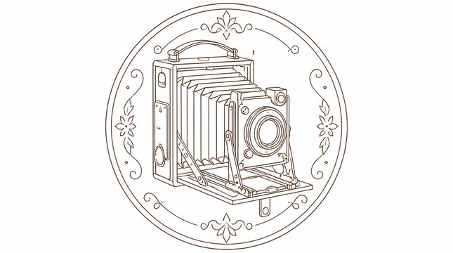 Vintage folding camera line art illustration in an ornate circular frame with floral details, symbolizing historical photography on a white background.