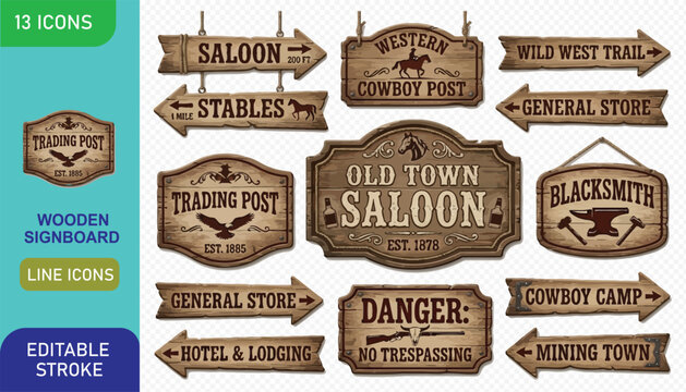 Set of vintage western wooden signboards and directional arrows for rustic saloon or wild west