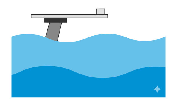 Minimalist monoline drawing of a diving board over stylized blue water waves against a white background summer vacation concept