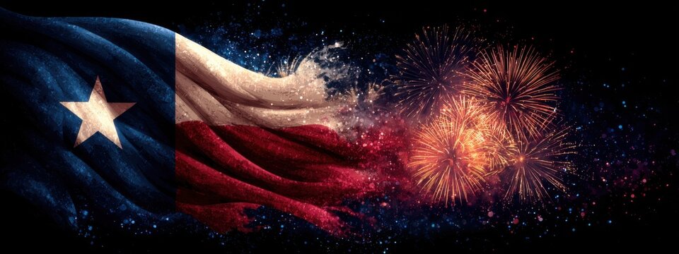 Texas flag waves with fireworks in the background during a celebration at night