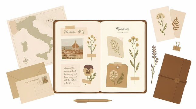 Travel Journal documenting cherished memories from a trip to Florence, Italy, in a vintage flat lay with pressed flowers, map, postcards, and handwritten notes.