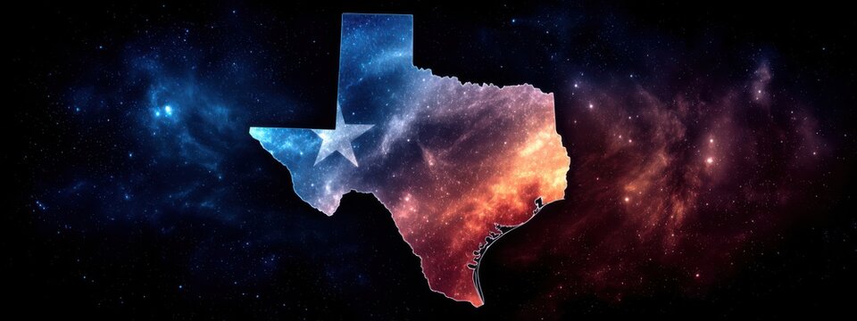Texas outline filled with space art showing stars and colors in the background during night