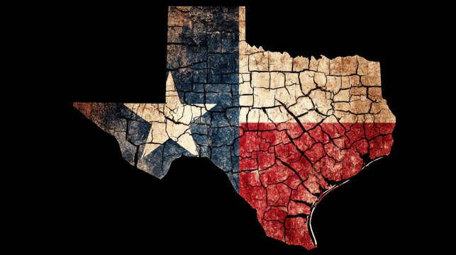 Texan map with cracked design shows the state flag colors highlighting Texas identity and symbolizing state pride and history