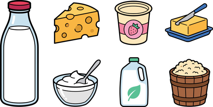Dairy product vector set with milk bottle cheese yogurt butter sour cream isolated on a transparent background