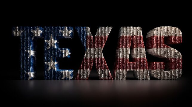 Texas spelled out in colorful letters with American flag pattern at a dark background