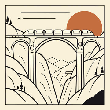 Vector illustration of a train crossing a high arched bridge in the mountains with mountain
