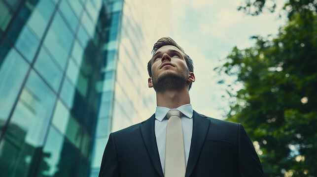 Confident Businessman Looking Up Towards Future, Modern Office Building Background