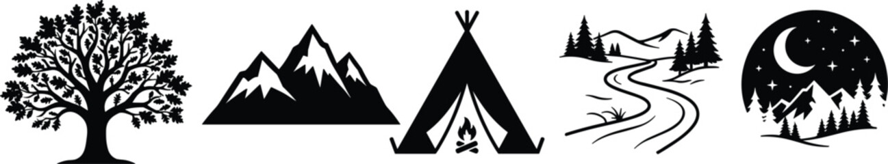 Camping and Outdoor Adventure Icon Set Featuring Tree, Mountains, Teepee Tent with Campfire, River Landscape, and Night Sky Vector Illustrations © Bijoy