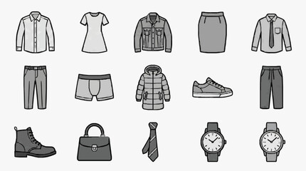 Naklejka premium Clean Minimalist Line Drawing of 15 Neutral Colored Clothing and Accessory Items for Fashion Designers and Bloggers