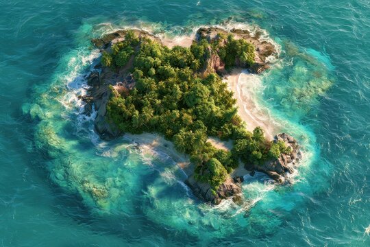 Tropical island atoll surrounded by turquoise coral reefs in an aerial top-down view for travel and luxury resort marketing