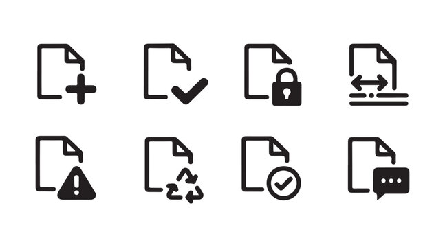 Set of black linear icons of document file status and actions isolated on transparent background.