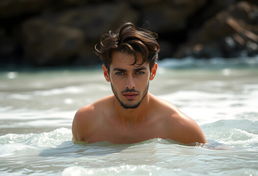 Young man in ocean water with rip tide currents
