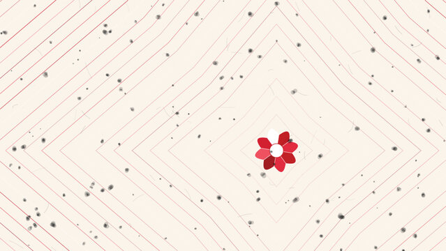 Abstract geometric concentric diamond pattern with central red flower and distressed texture.
