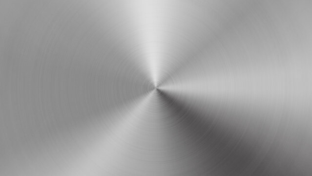 Brushed metal texture background with circular stainless steel pattern, clean industrial surface for technology, product mockups and modern design.