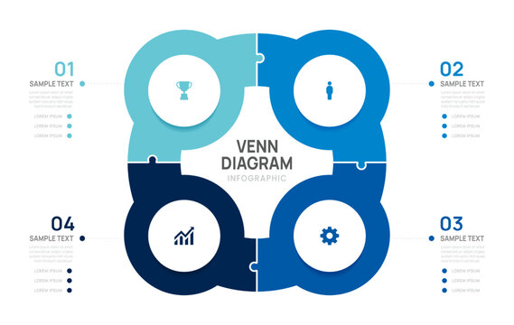 Venn diagram infographic chart template for business 4 jigsaw parts options, presentation with venn diagram elements vector illustration.