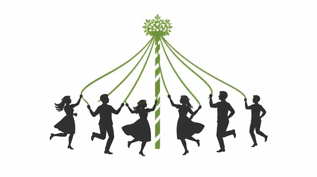 Maypole dancers performing a traditional folk dance around a festive pole with flowing green ribbons, celebrating spring and cultural heritage, depicted as vibrant silhouettes.