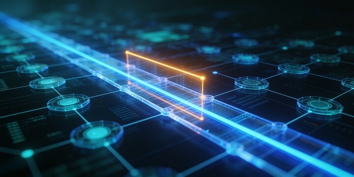 Controlled data routing with amber anomaly signal crossing transparent governance layers into a blue network flow for technology risk monitoring and business security header