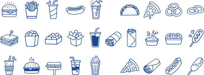 Naklejka premium Fast food and snack line icons set vector illustration