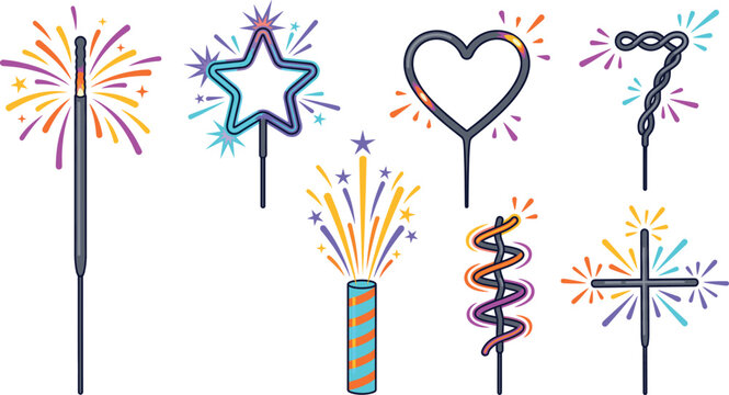 Sparkler fireworks vector set with burning stars heart number seven fountain isolated on a transparent background