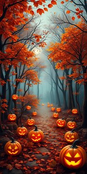 Glowing Halloween Pumpkins Along a Forest Path