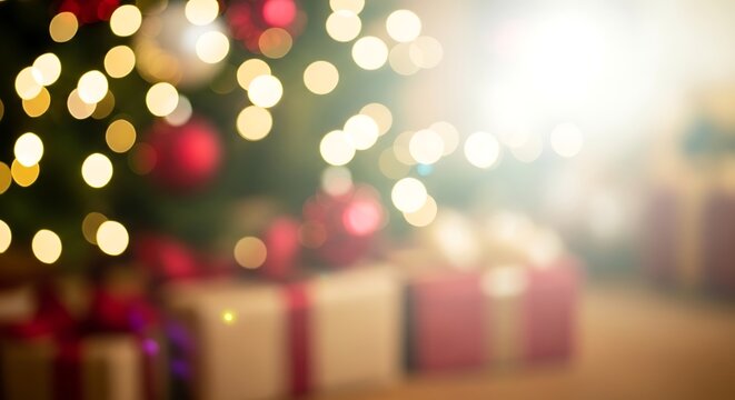 Warm Blurred Christmas Tree Lights Glowing Above Wrapped Gift Boxes Indoors