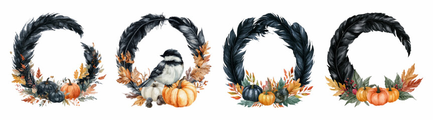 Halloween feather wreaths featuring autumn pumpkins, fall leaves, and a cute bird, creating dark academia and gothic decor for seasonal celebrations and spooky designs © Mari