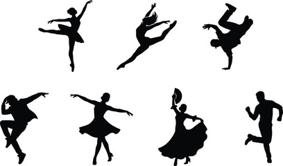 Dance Performer Silhouette Collection with Ballet Contemporary Flamenco Breakdance and Running Vector Set © urmilarani