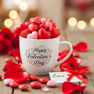 Colorful Heart Candies Filling White Mug on Rustic Wooden Table