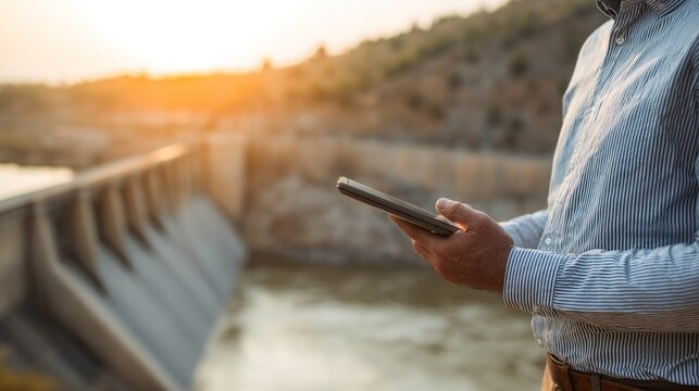Hydroelectric Power Plant Manager: A man in a collared shirt uses his smartphone to monitor operations at a large hydroelectric power dam.