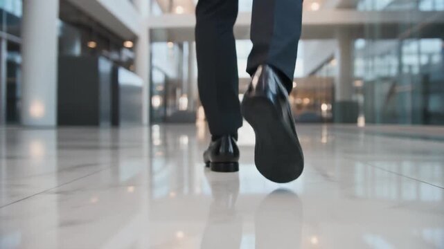 磨かれた靴で歩く足元のローアングルクローズアップのシームレスループ動画