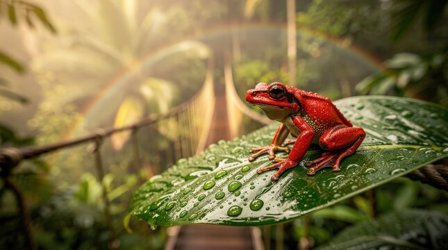 A vibrant red frog sits on a dew-covered leaf in a lush rainforest, with a rainbow and a wooden bridge blurred in the background.