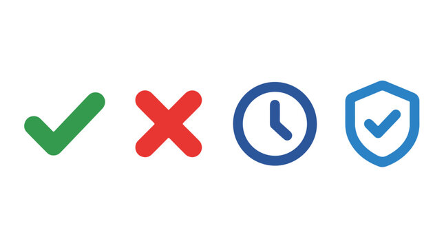 Set of four icons including a green checkmark, red cross, clock, and shield with a checkmark on white background