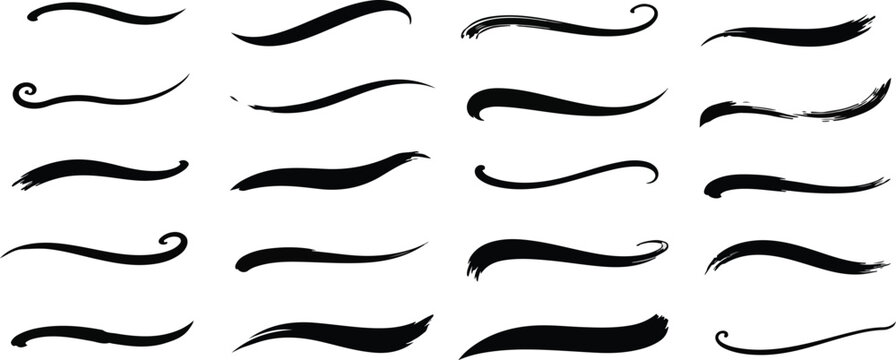 Elegant text tails swoosh Vector, calligraphy swirls for logo design, decoration. Varied thickness, curvature. Simple to complex shapes.