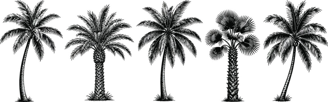 Set of five detailed black palm tree silhouettes