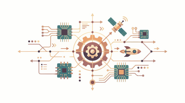 Network of circuits gears and space elements forming a technological system
