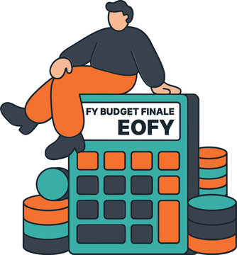End of Financial Year Budget Finale Concept with Character Sitting on Calculator and Stacks of Coins