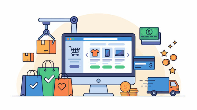 Online shopping concept with computer bags packages and delivery truck
