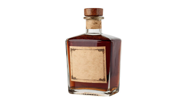 Glass bottle of premium dark rum cognac alcohol isolated on a transparent background